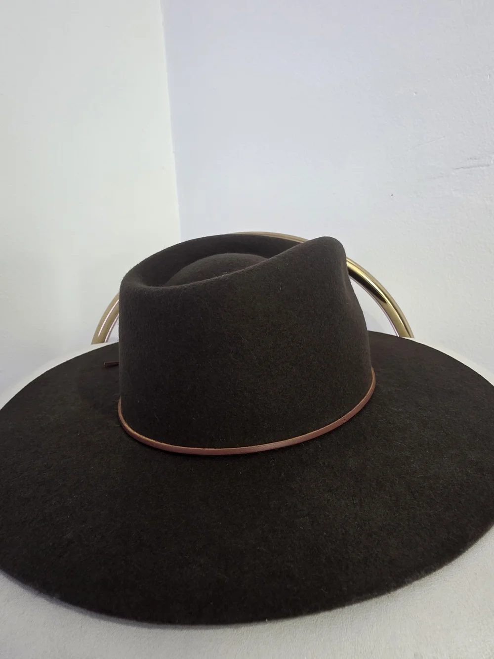 Rag & Bone Kacy Brown Wide Brim Wool Fedora with Feather Embroidery